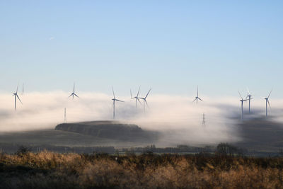 Wind turbines on field against sky