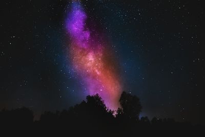 Low angle view of silhouette trees against sky at night