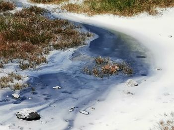 High angle view of frozen water on land