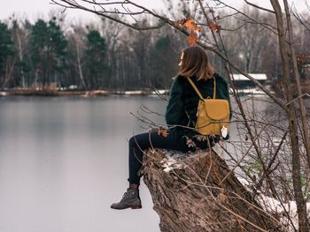 Rear view of young woman sitting by lake