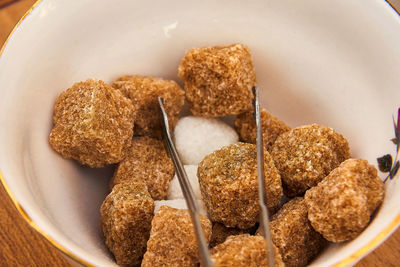 High angle view of breakfast served on table