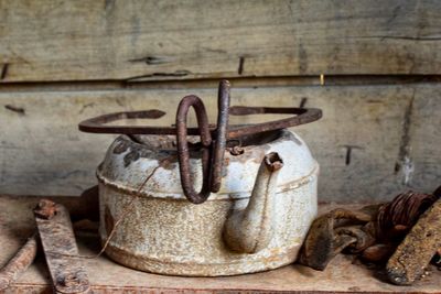 Close-up of abandoned cooking utensil