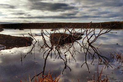 Scenic view of lake against cloudy sky