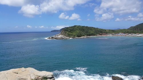 View of calm blue sea against cloudy sky