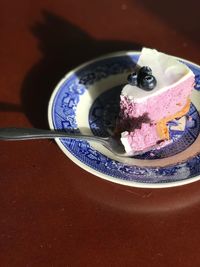 High angle view of cake in plate on table