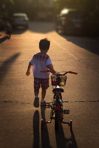 Rear view of boy pulling bicycle on road