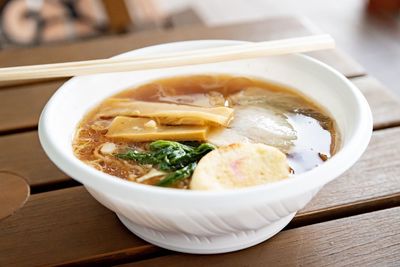 Close-up of soup in bowl on table