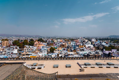 High angle shot of townscape against sky in udaipur 