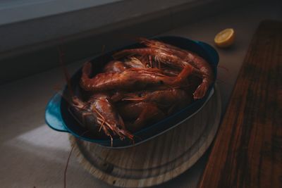 High angle view of shrimps in plate on table