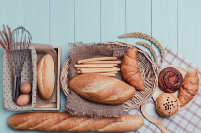 High angle view of bread in basket on table