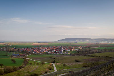 High angle view of agricultural field against sky