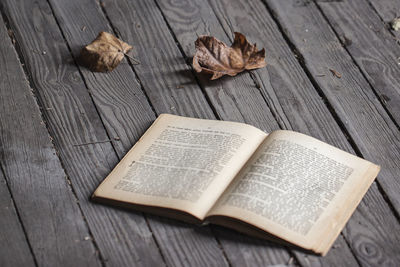 High angle view of open book on table