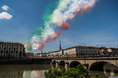 The italian tricolour arrows make a show in the sky of turin