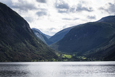 Scenic view of lake and mountains against sky