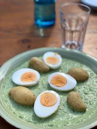 High angle view of breakfast served on table