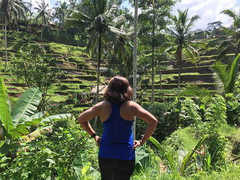 Rear view of woman standing against trees