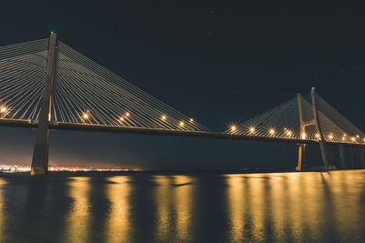 Illuminated suspension bridge over river against sky at night