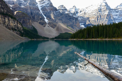 Scenic view of lake by snowcapped mountains