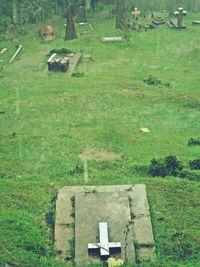 High angle view of cemetery on field