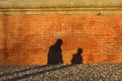 Shadow of father and son on brick wall