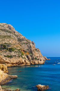 Scenic view of sea against clear blue sky