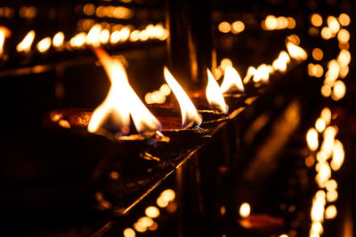 Close-up of lit oil lamps