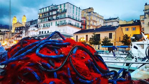 Multi colored umbrellas in city