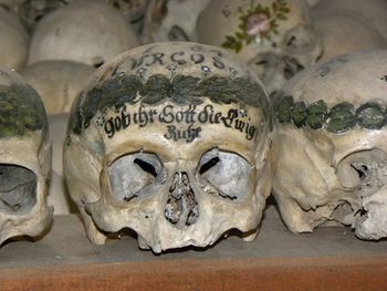 Close-up of human skull on table