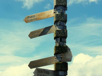 Low angle view of road sign against sky