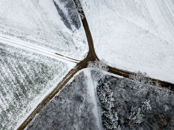 High angle view of snow on road