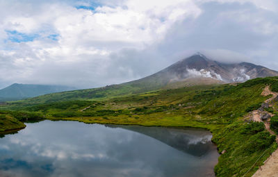 Scenic view of lake and mountains against sky