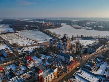 High angle view of townscape against sky during winter