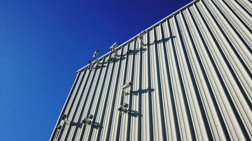 Low angle view of security cameras on building against clear sky