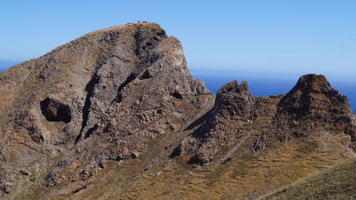 Low angle view of rock formation against clear sky