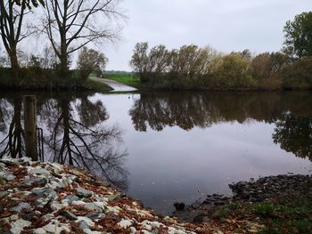 Reflection of trees in lake against sky