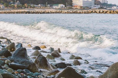 High angle view of rocky sea shore