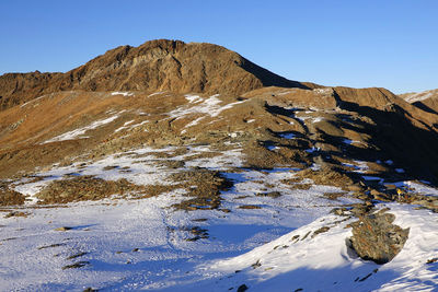 Scenic view of snowcapped mountains against clear sky