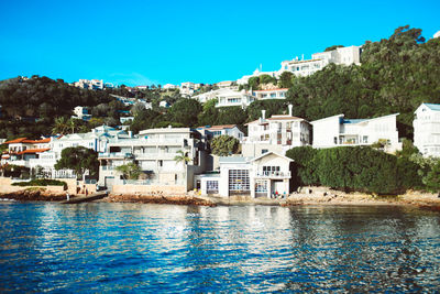 Buildings by river against clear blue sky