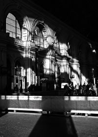 Interior of illuminated building at night