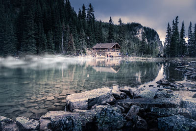 Scenic view of lake by building against sky