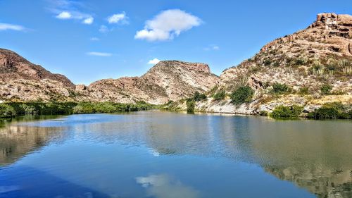 Scenic view of lake and mountains against sky