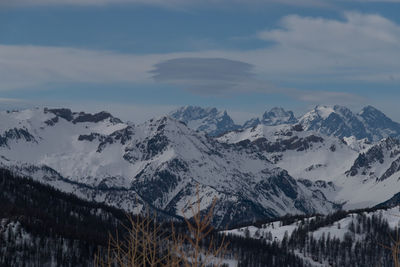 Scenic view of snowcapped mountains against sky