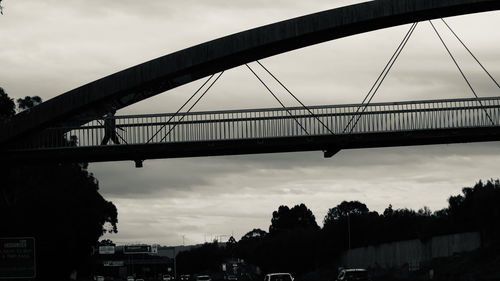 Low angle view of suspension bridge against sky