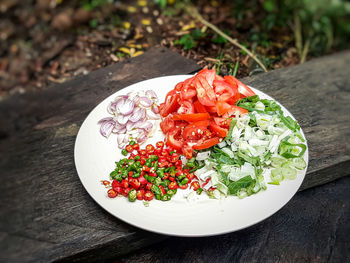 High angle view of food in plate on table