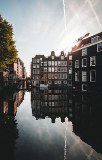 Reflection of buildings in lake against sky