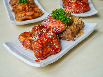 High angle view of food in plate on table