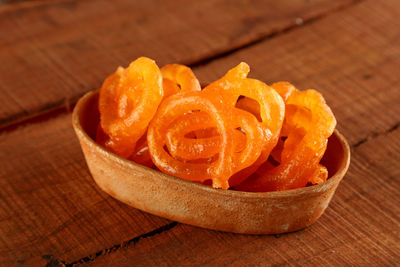 High angle view of orange fruit on table