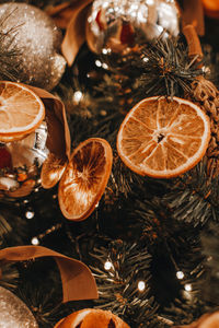 Christmas tree decorations made from dried sliced oranges and mandarins. new year winter holiday