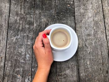 High angle view of coffee cup on table