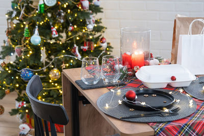 Close-up of christmas decorations on table